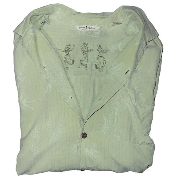 Tommy Bahama Silk Mens Shirt M Pale Green w Palm Leaves Emboss Button Down - Picture 2 of 3